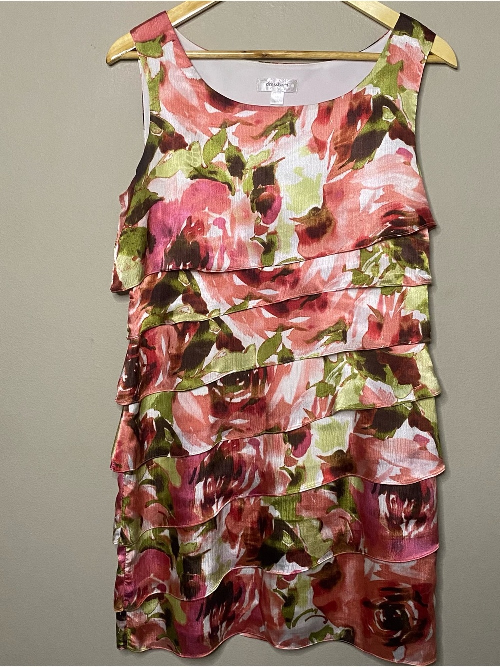 Dressbarn Floral Sleeveless Sheath Dress Size 10P Pink Green Lined Ruffled